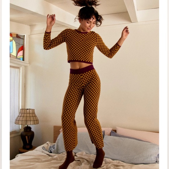 RETRO Y2K Checkered knit sweater wide leg Pants soft plush size small Coquette - Picture 2 of 5